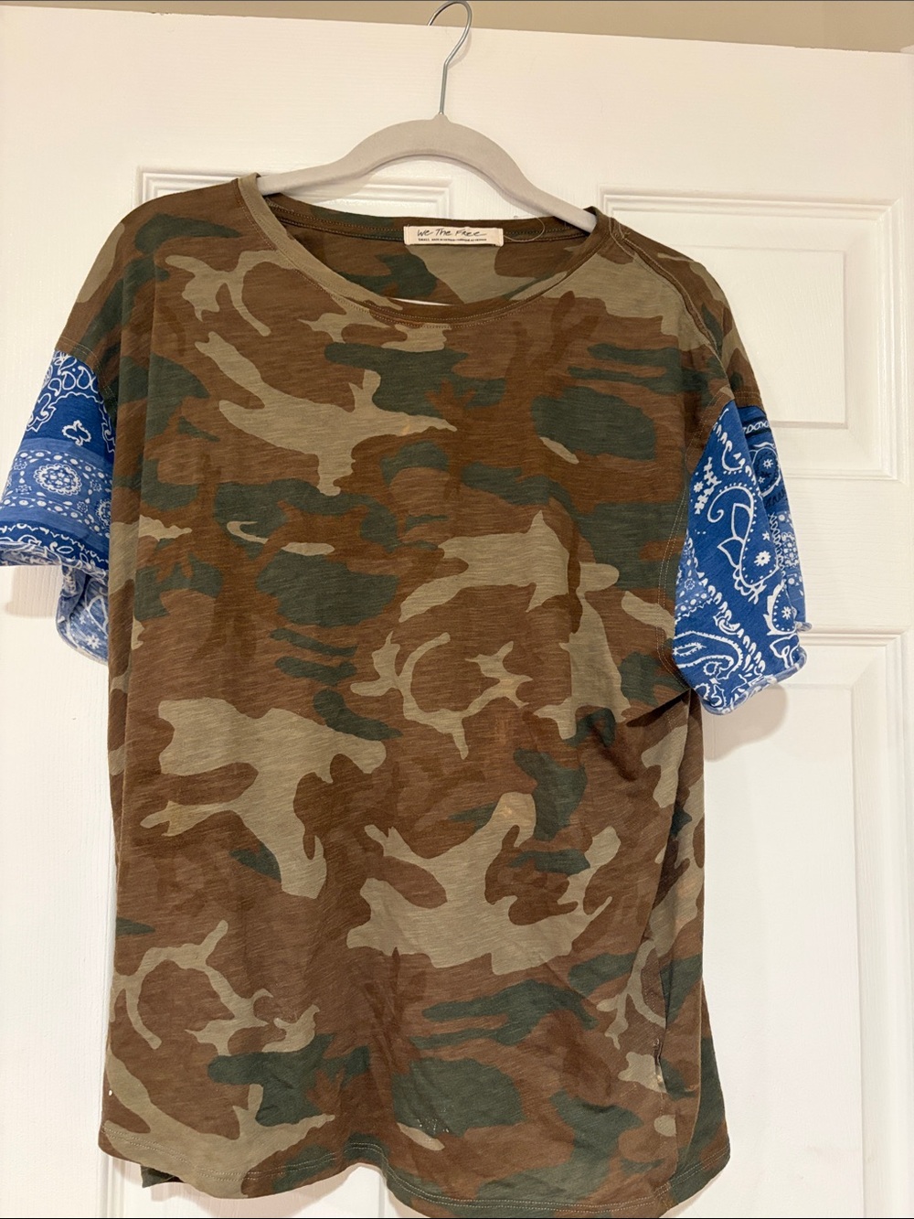 Free People Camo Tee with Blue Bandana Sleeves